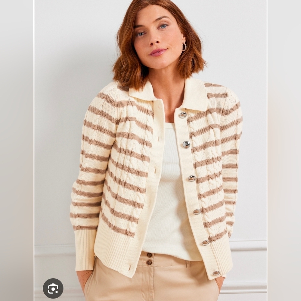 ❤️ TALBOTS CABLE KNIT COLLARED CARDIGAN SWEATER, STRIPE, LARGE